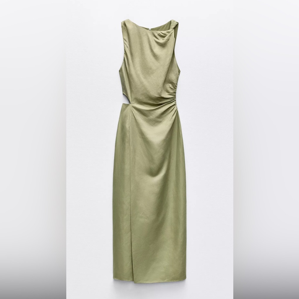 NWT Zara Khaki Linen Blend Cut Out Midi Dress